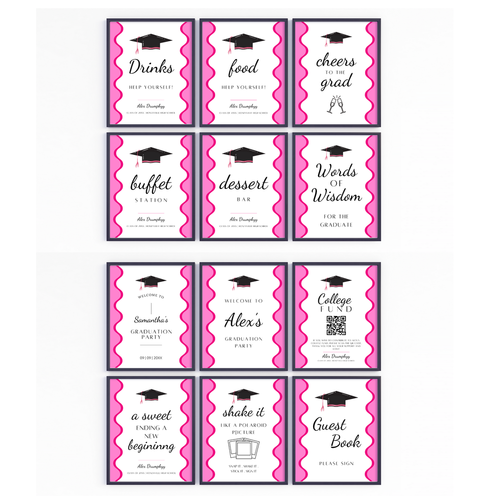 Graduation Party Table Signs - Wavy Pink