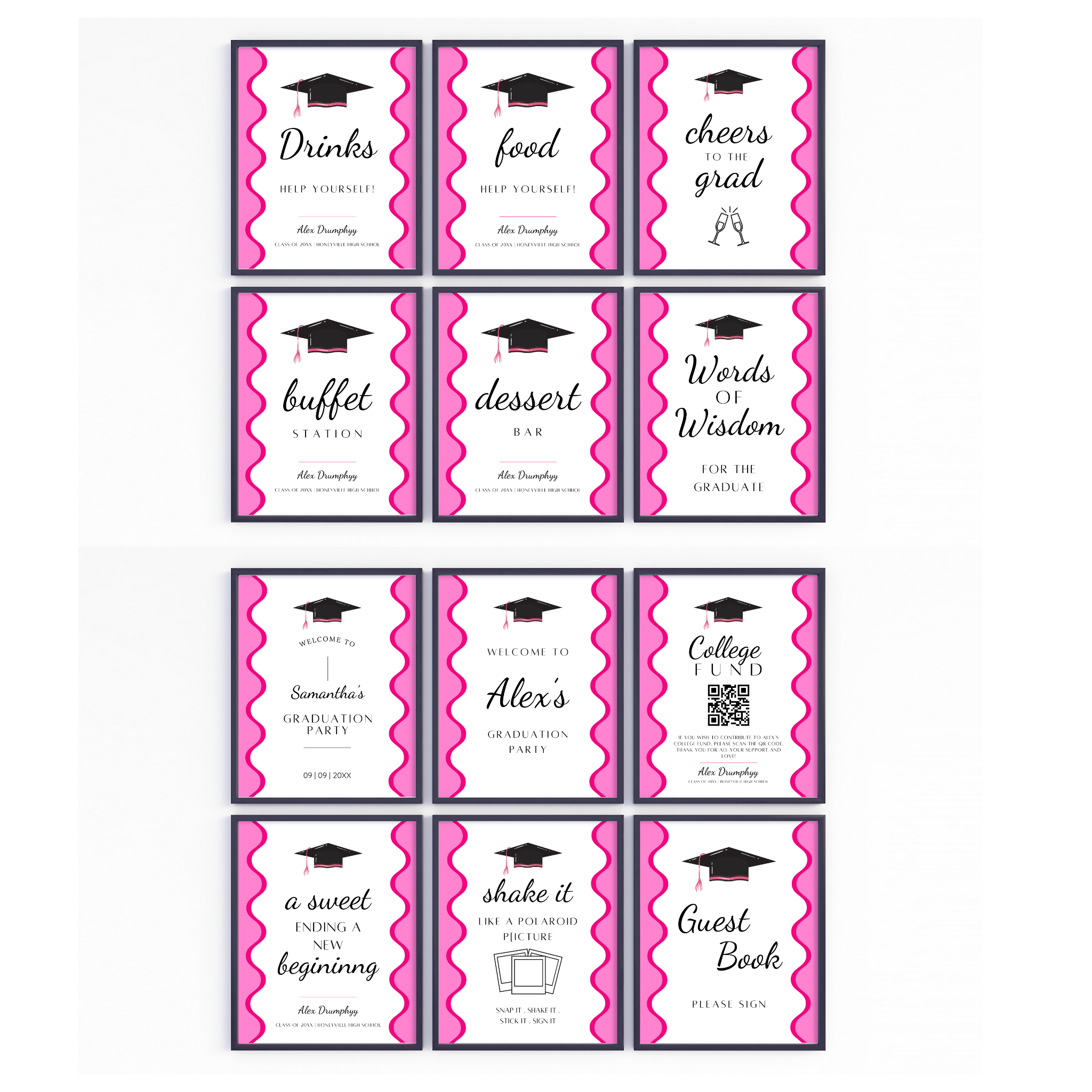 Graduation Party Table Signs - Wavy Pink