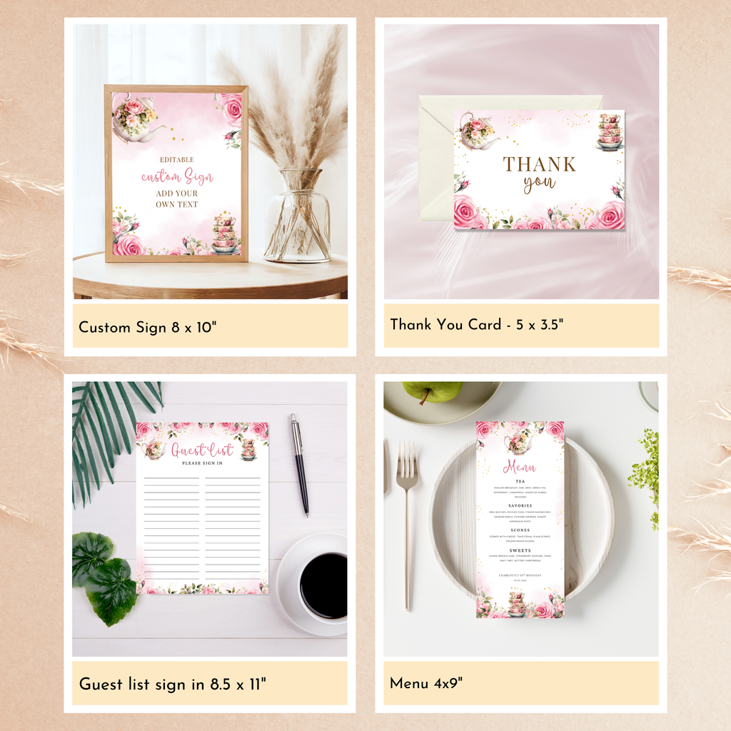 Tea Party Birthday Template Bundle - Pink Floral
