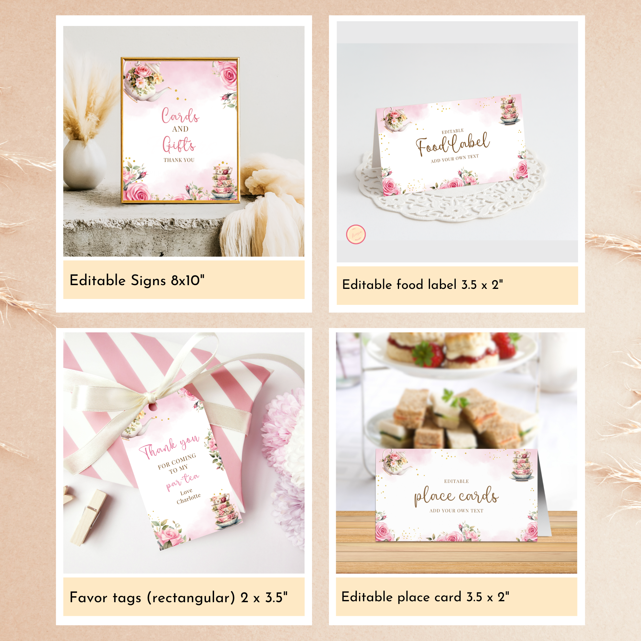 Tea Party Birthday Template Bundle - Pink Floral