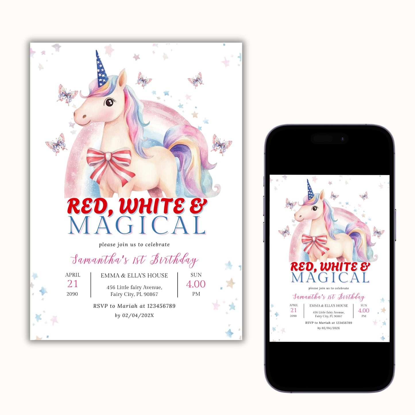 Patriotic Unicorn 1st Birthday Invitation