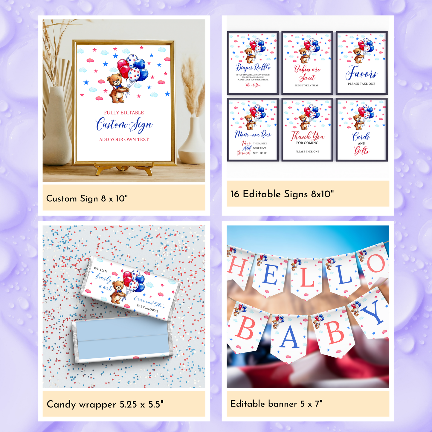 Patriotic Baby Shower Template Bundle - Bear
