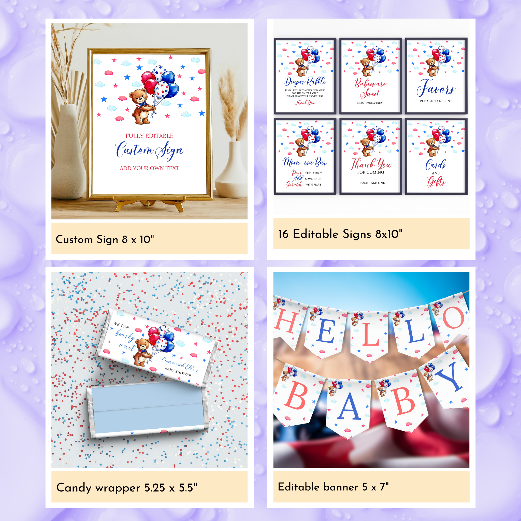 Patriotic Baby Shower Template Bundle - Bear