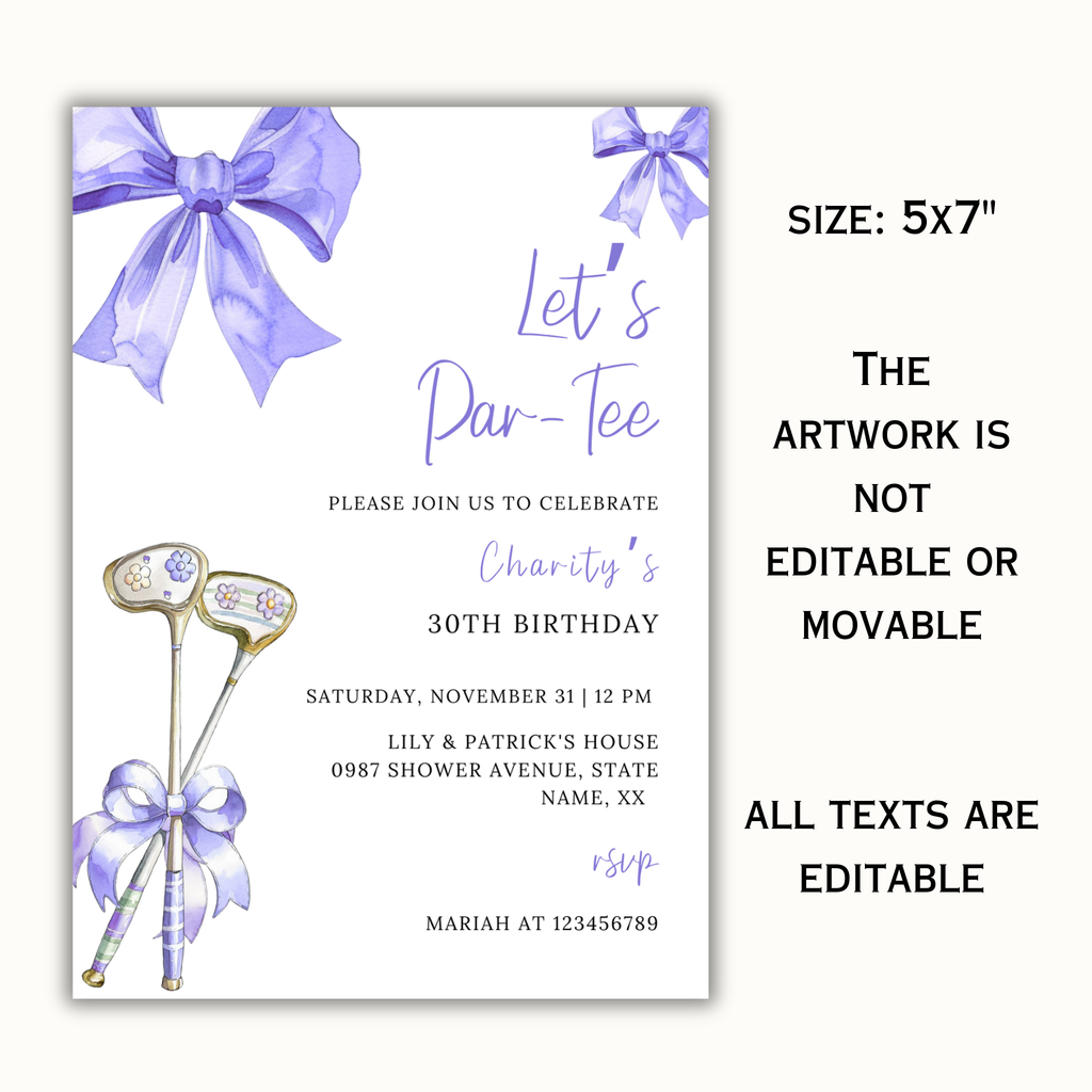 Purple Bow & Club Golf Birthday Invitation
