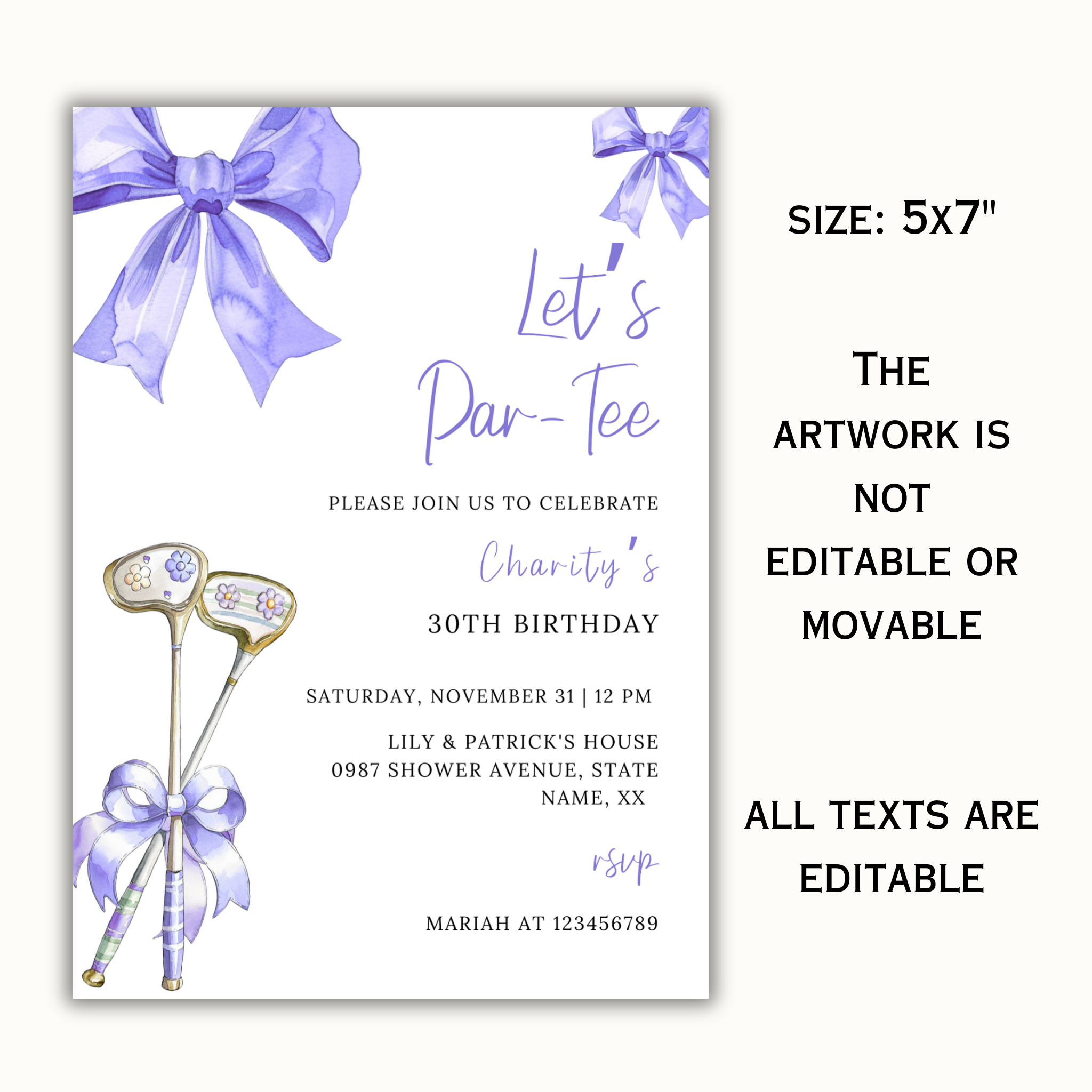 Purple Bow & Club Golf Birthday Invitation