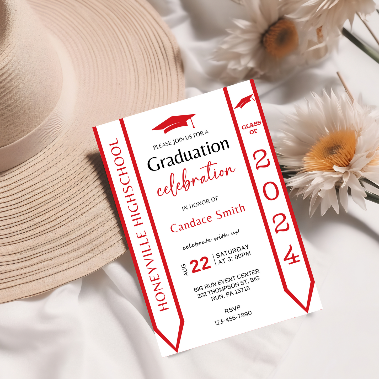 Editable Graduation Invitation Template with Photo - Red