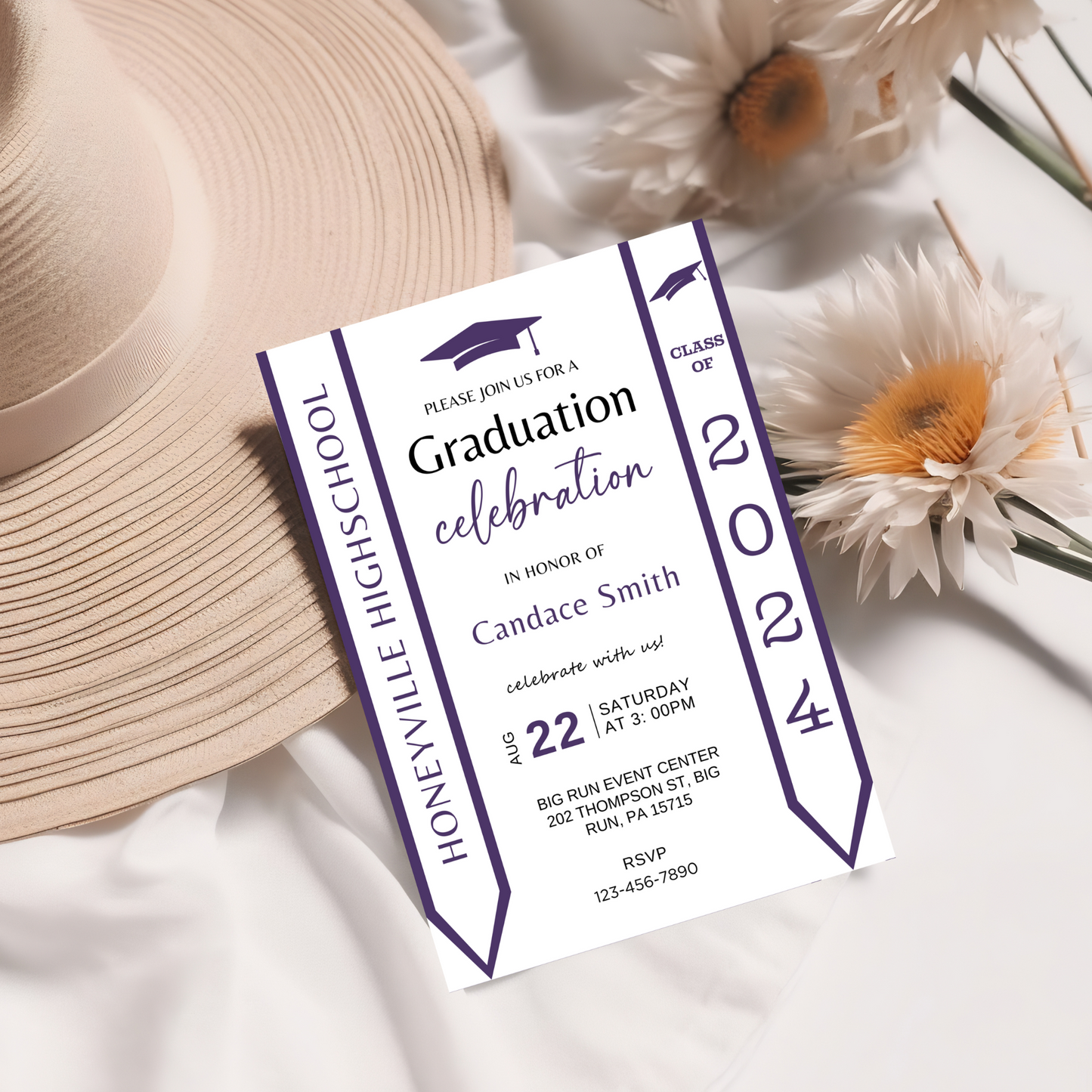 Purple Graduation Invitation with Photo - Editable Template