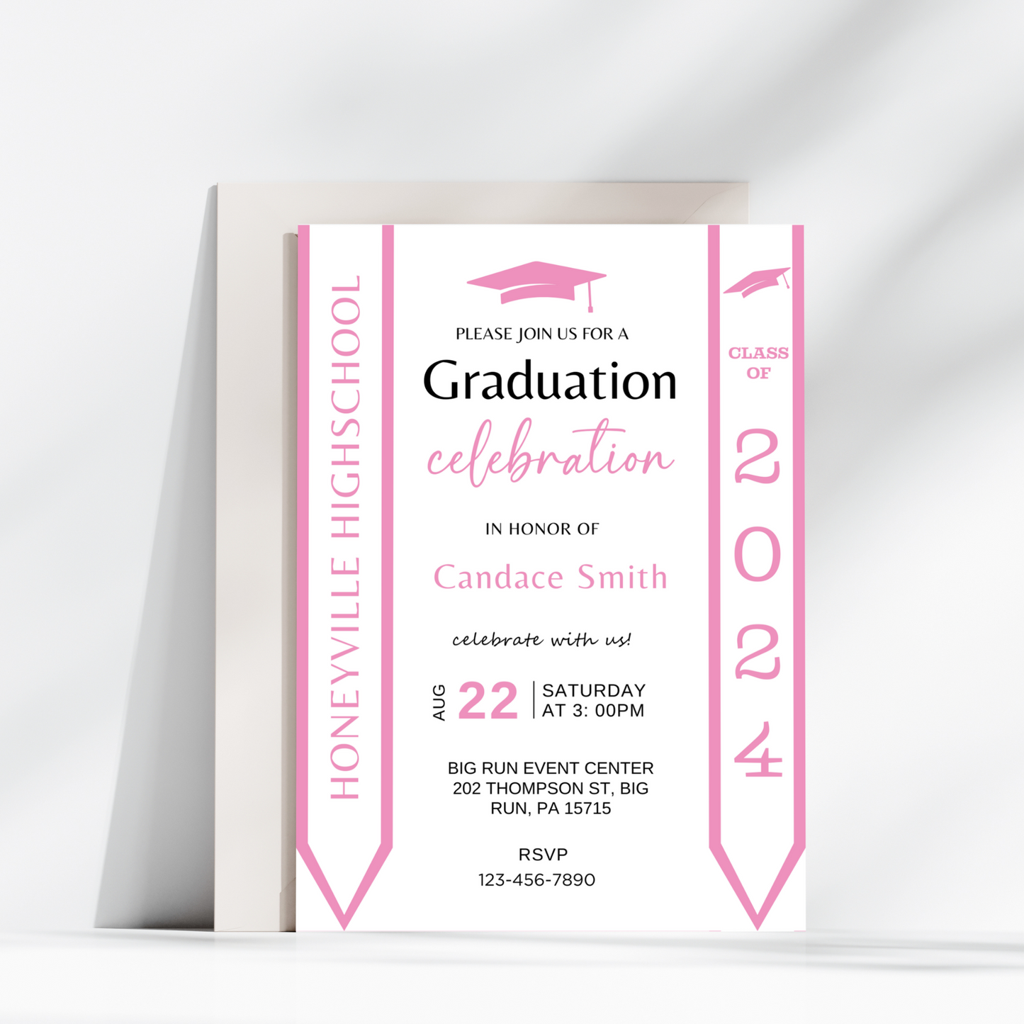 Pink Graduation Invitation with Photo - Editable Template