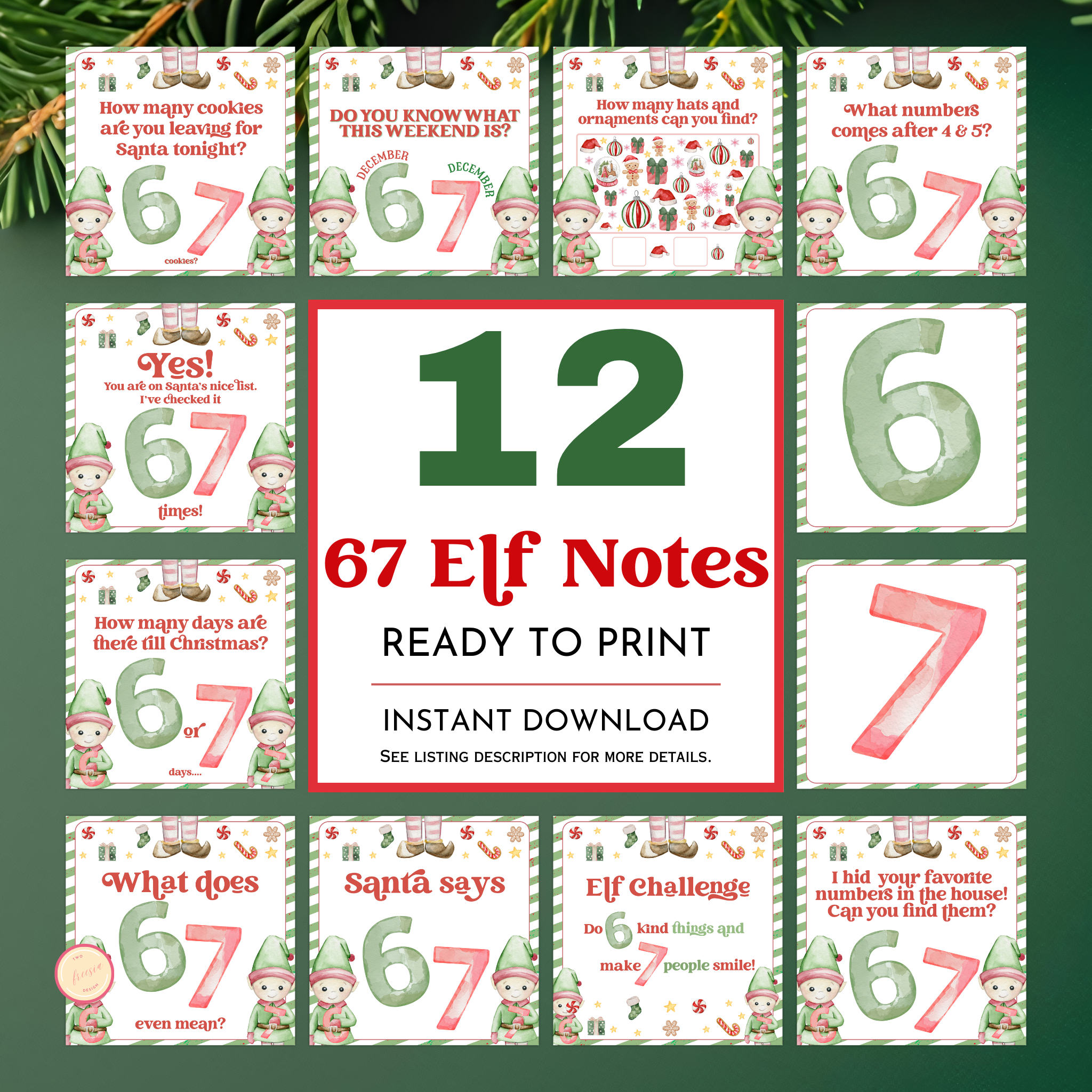 6 7 Themed Elf Note Cards, Printable 12 Activities – 2freesiadesigns