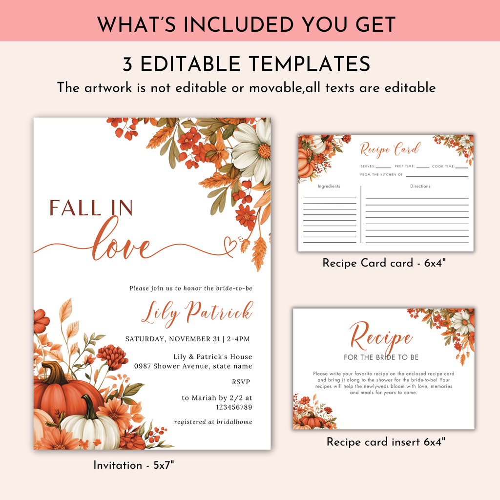 Fall in Love Bridal Shower + Recipe Card Bundle #1