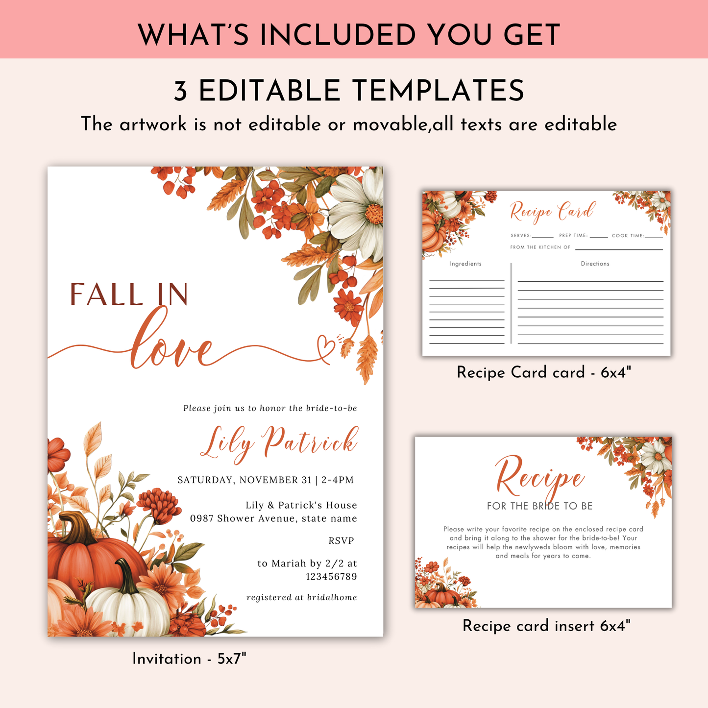 Fall in Love Bridal Shower + Recipe Card Bundle #1