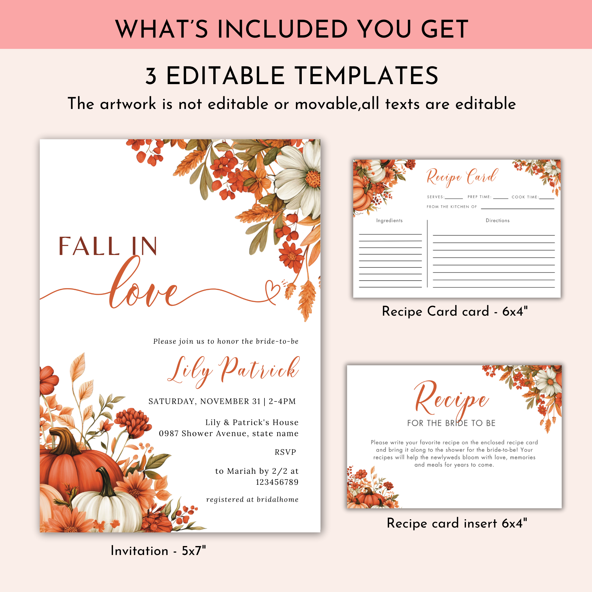 Fall in Love Bridal Shower + Recipe Card Bundle #1