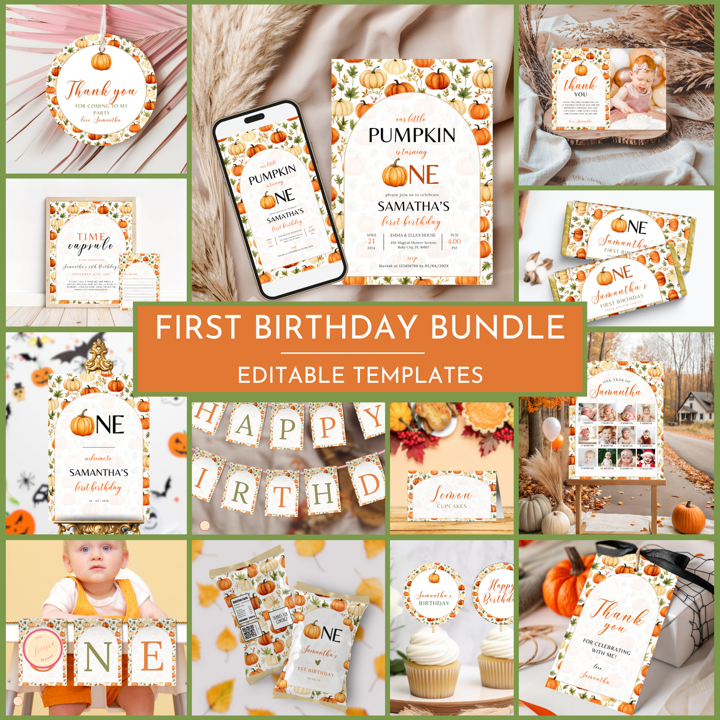 Pumpkin 1st Birthday Template Bundle #2