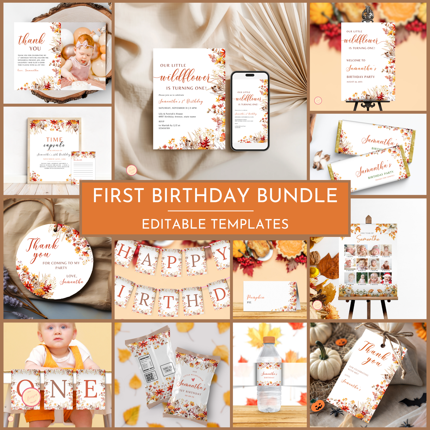 Fall Wildflower 1st Birthday Template Bundle #1