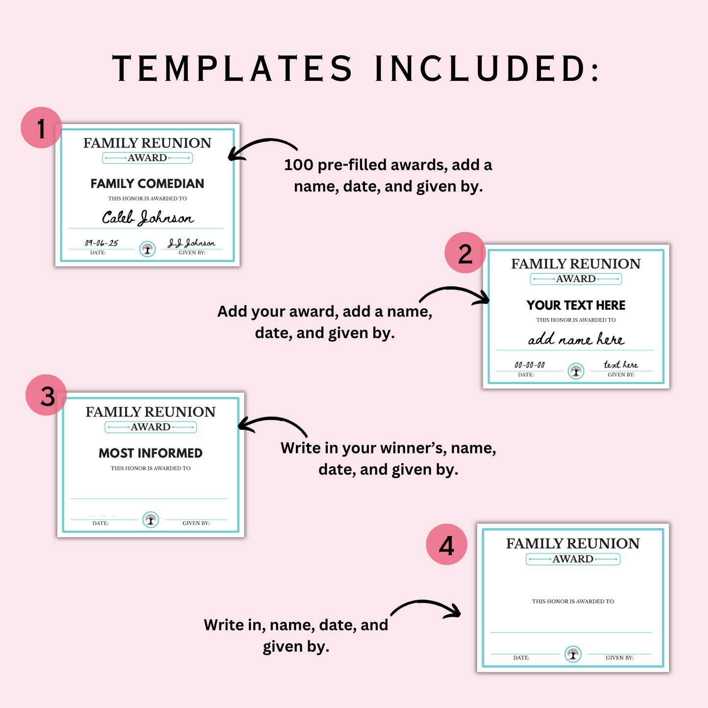 100 Family Reunion Awards - Editable Templates