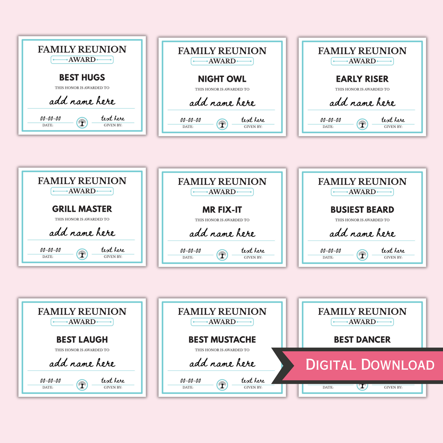 100 Family Reunion Awards - Editable Templates