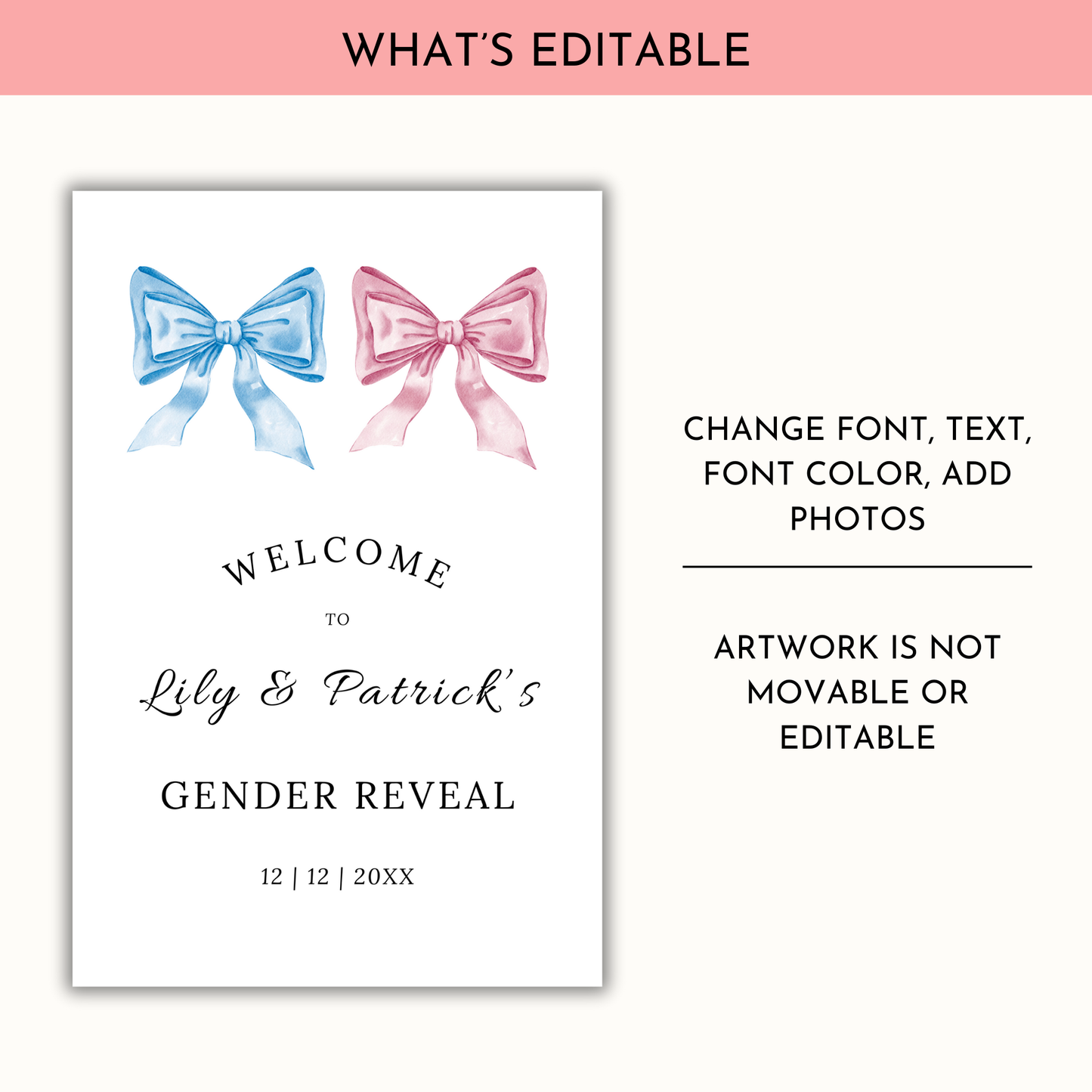 Gender Reveal Welcome Sign, Pink & Blue Bow
