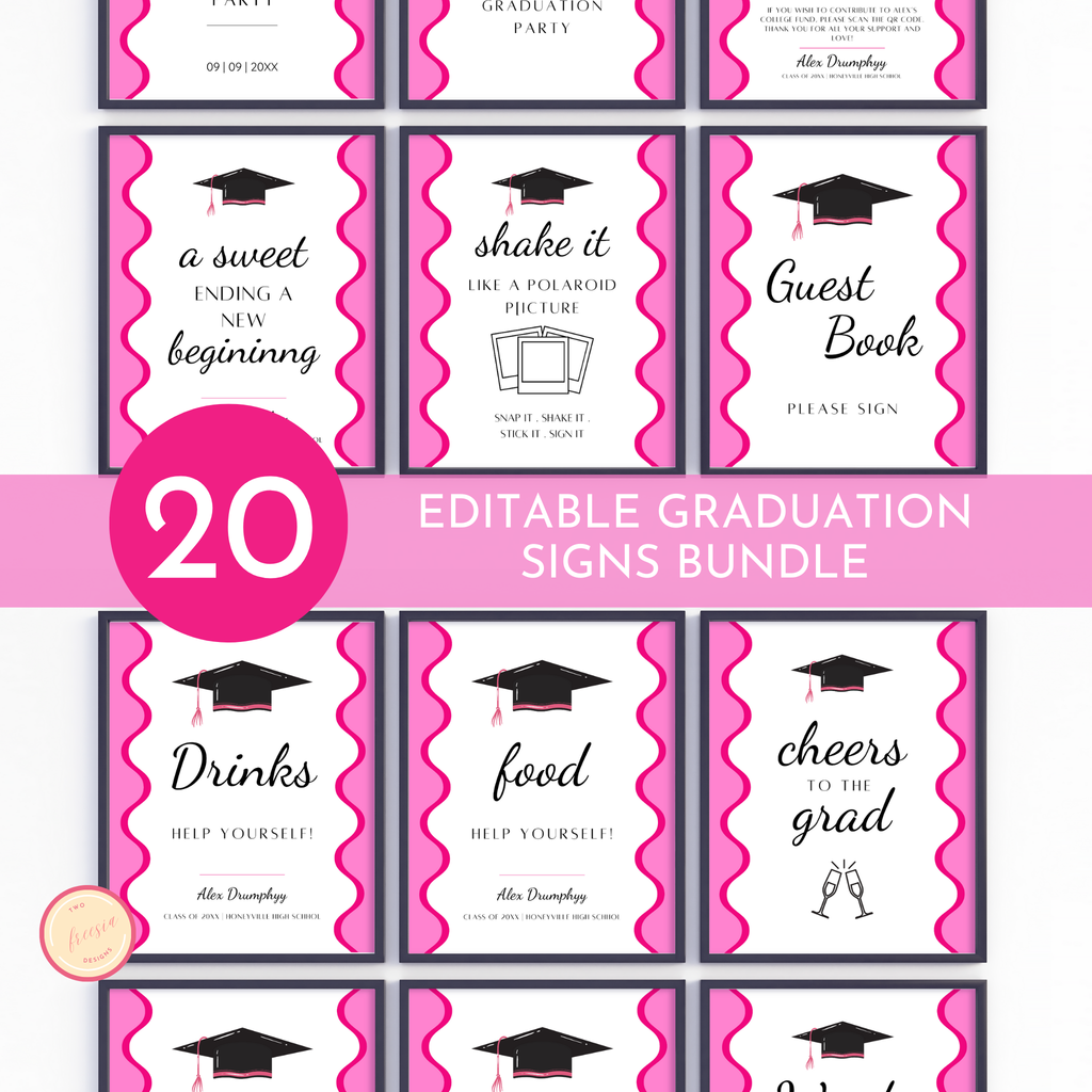 Graduation Party Table Signs - Wavy Pink