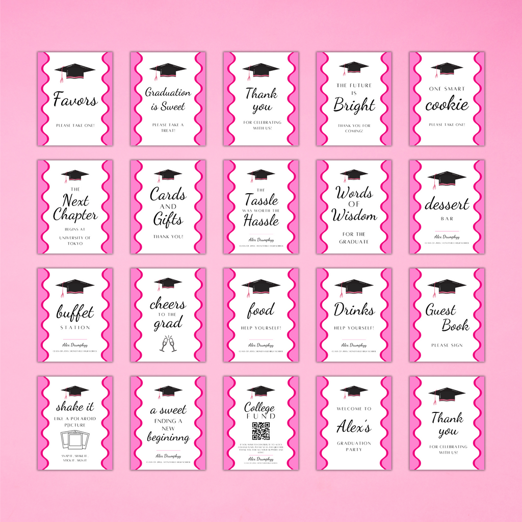 Graduation Party Table Signs - Wavy Pink