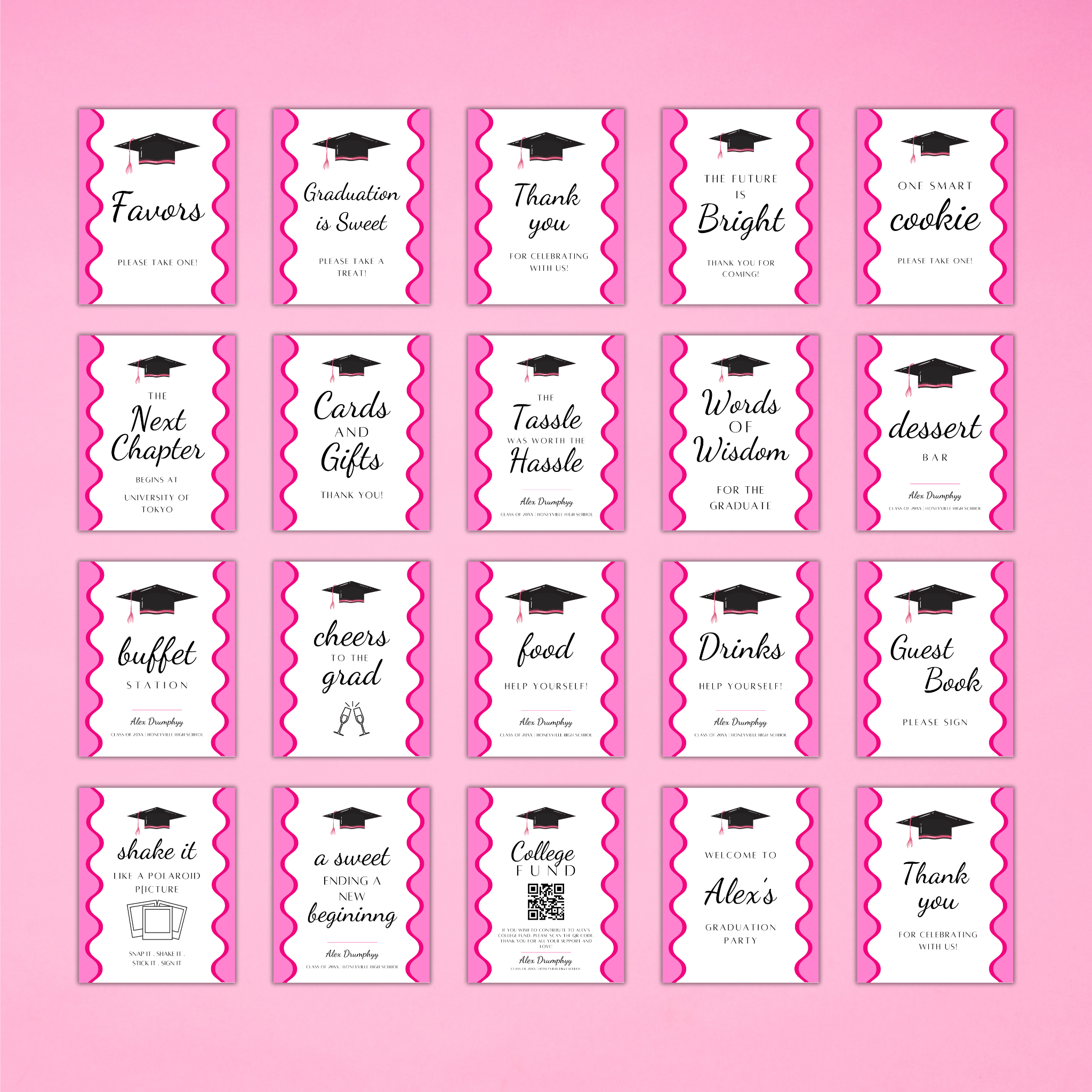 Graduation Party Table Signs - Wavy Pink
