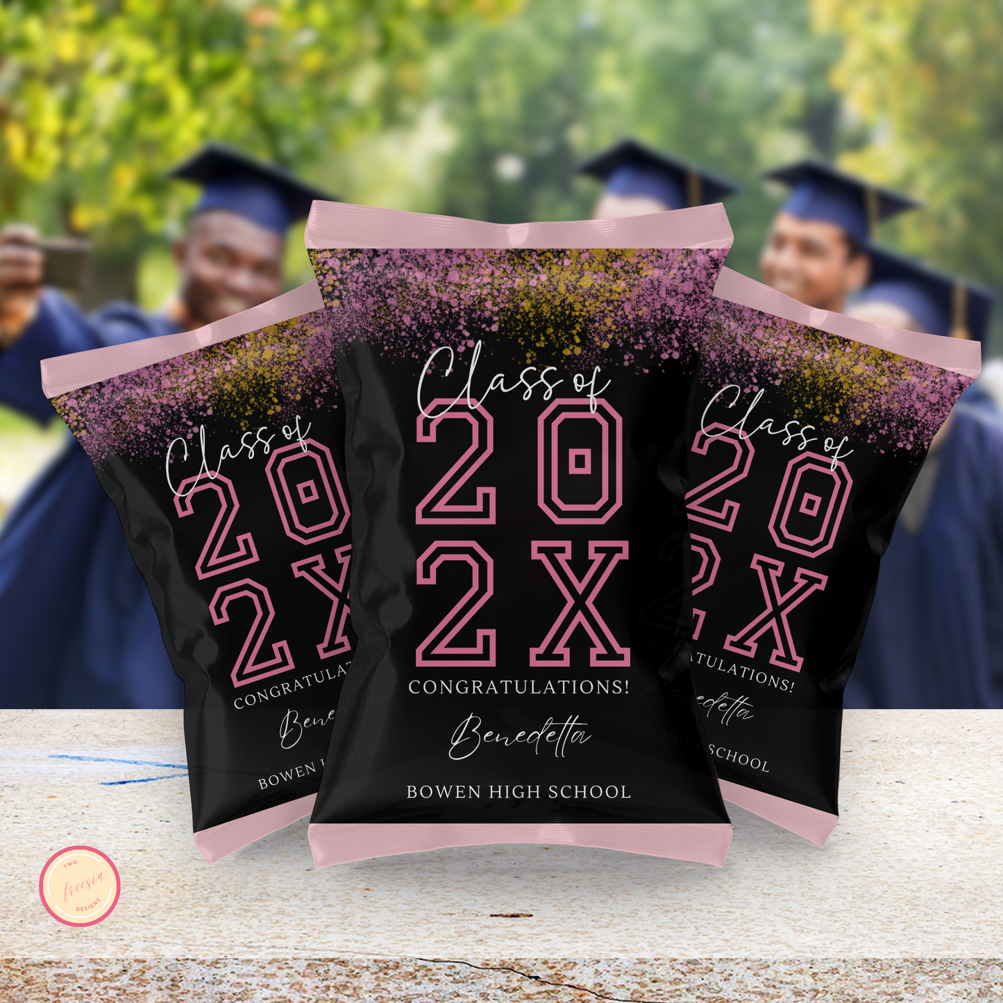 Pink and Black Graduation Chip Bag Template