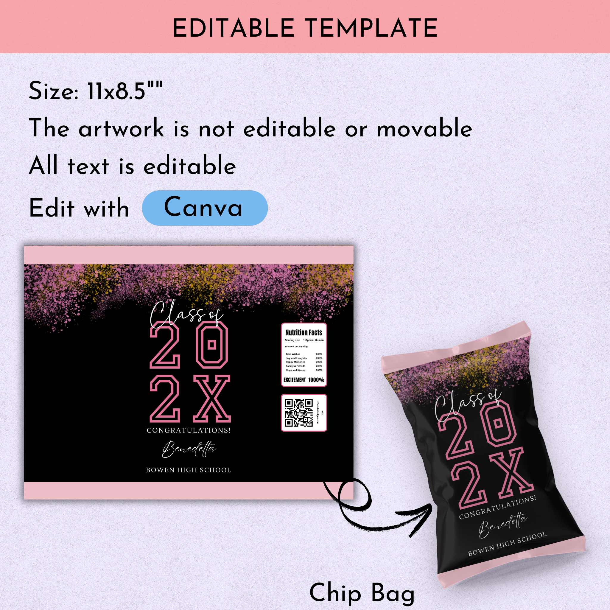 Pink and Black Graduation Chip Bag Template