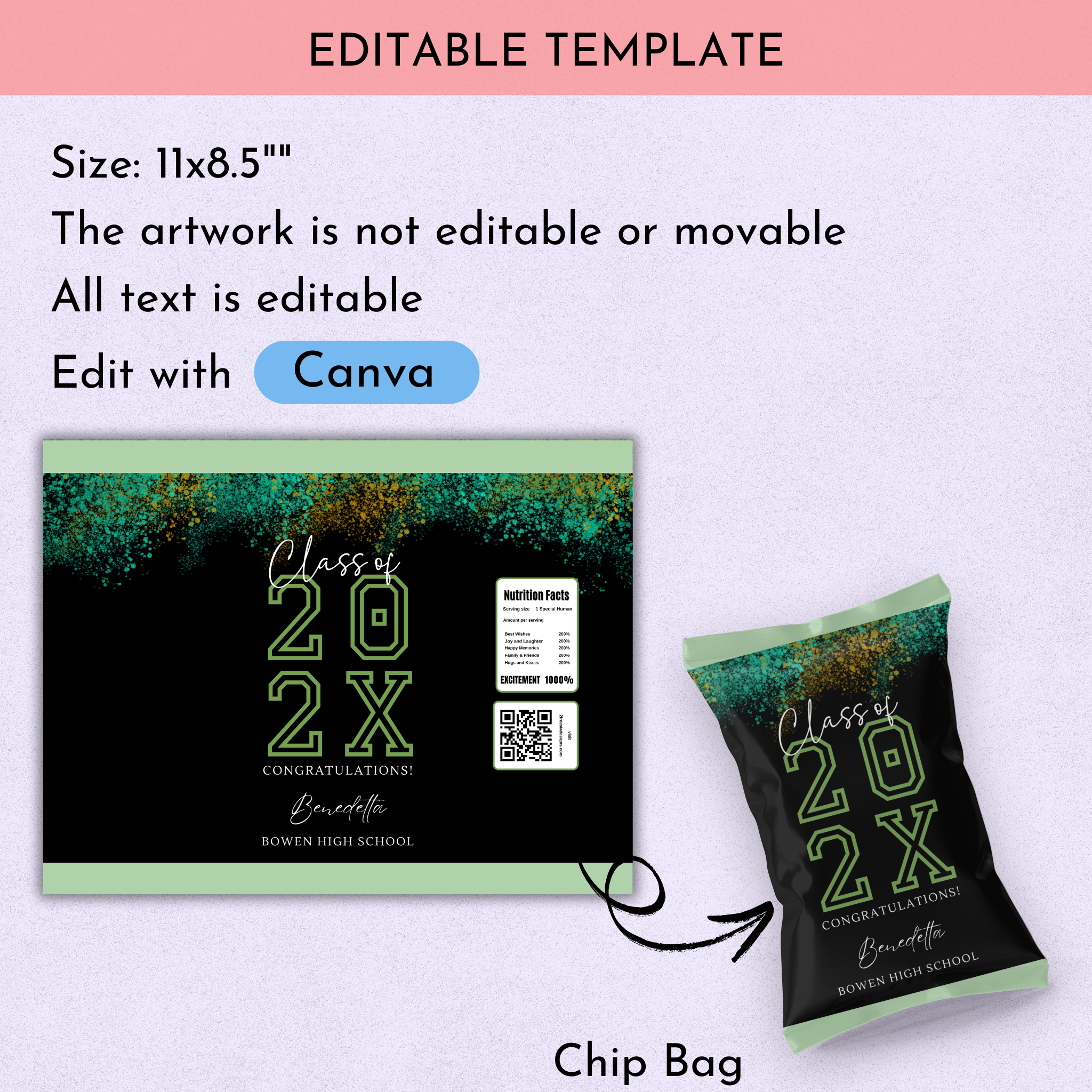Green and Black Graduation Chip Bag Template