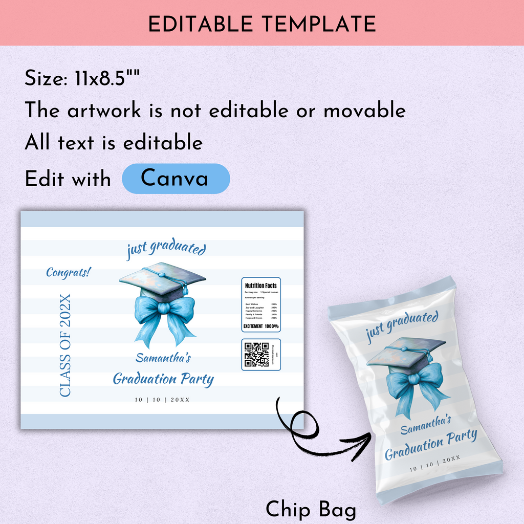 Blue Bow Graduation Chip Bag Template
