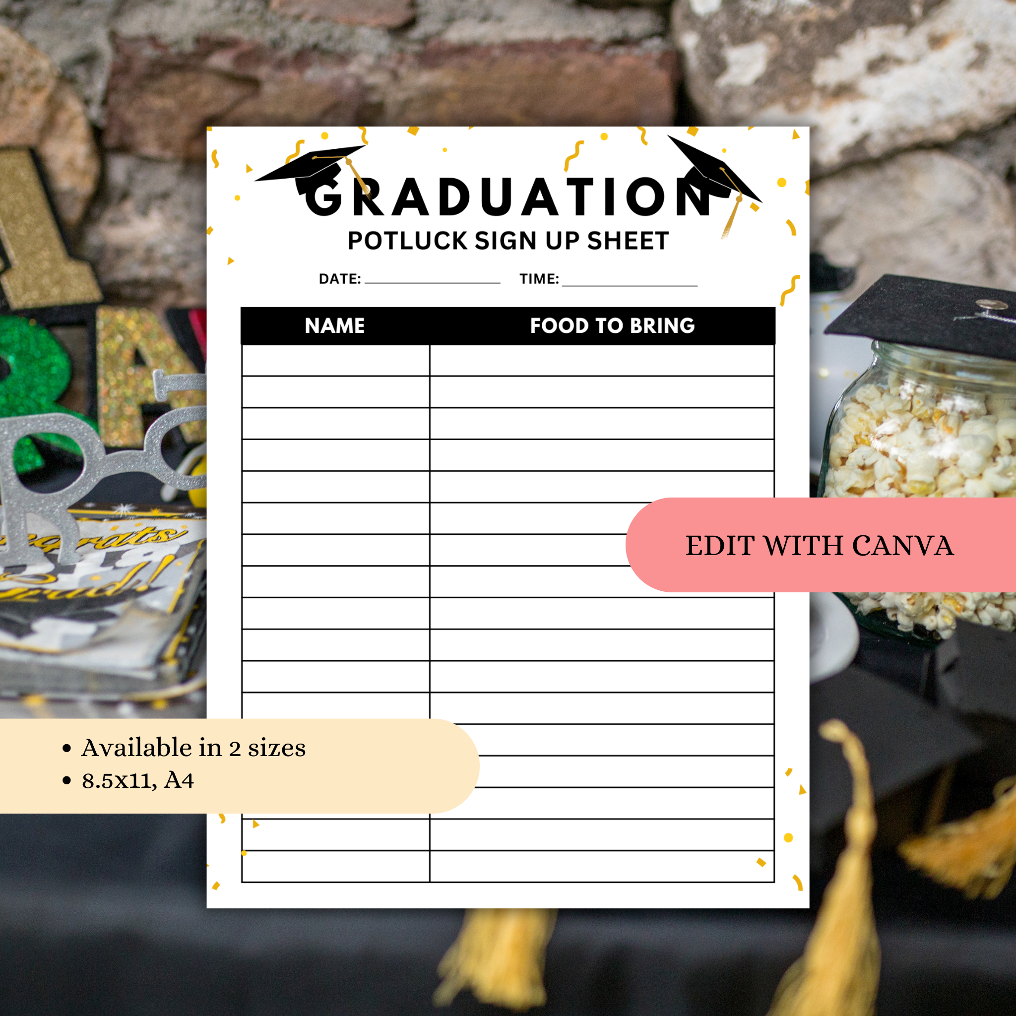 Graduation Potluck Sign Up Sheet Template