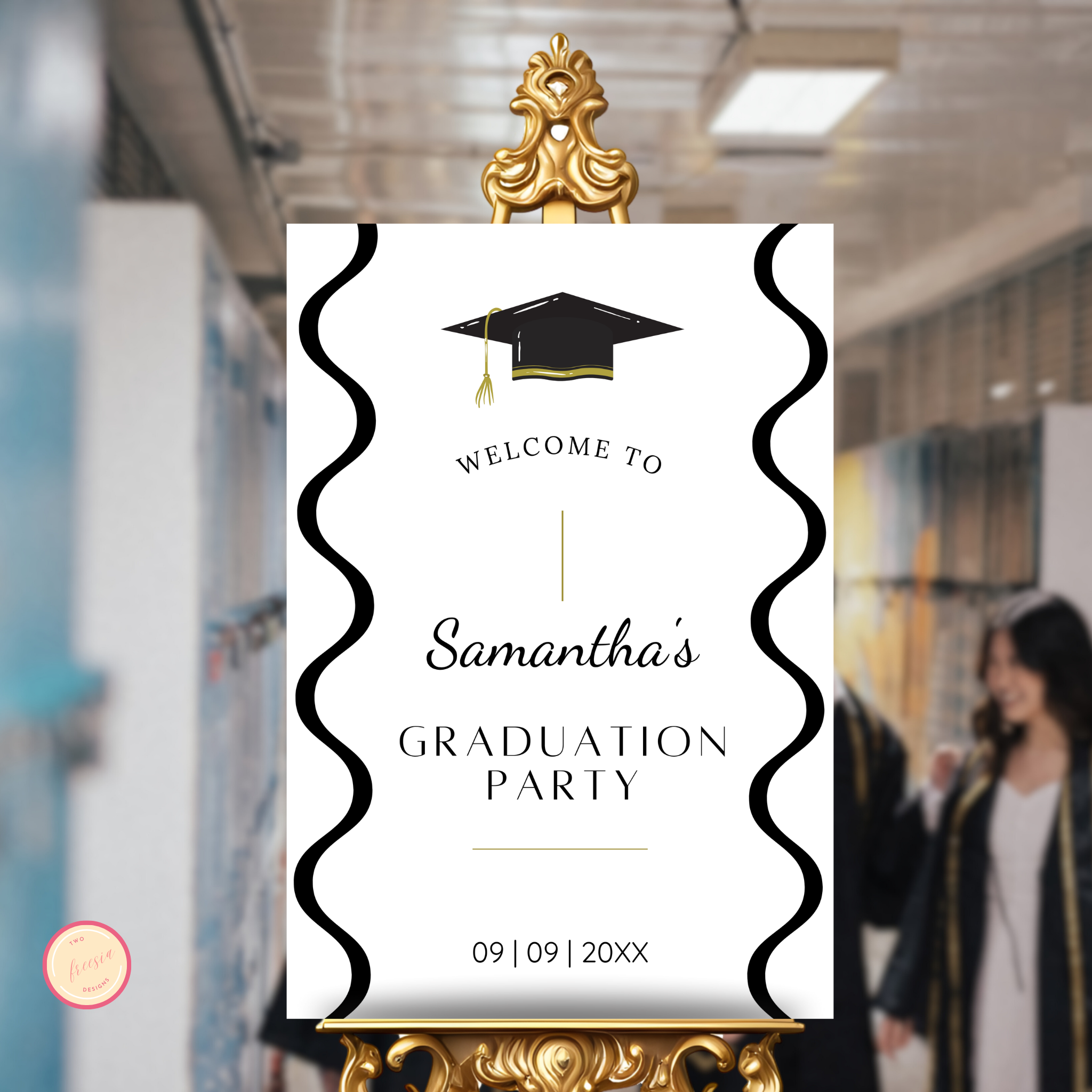 Graduation Party Welcome Sign Template - Wavy Black & White