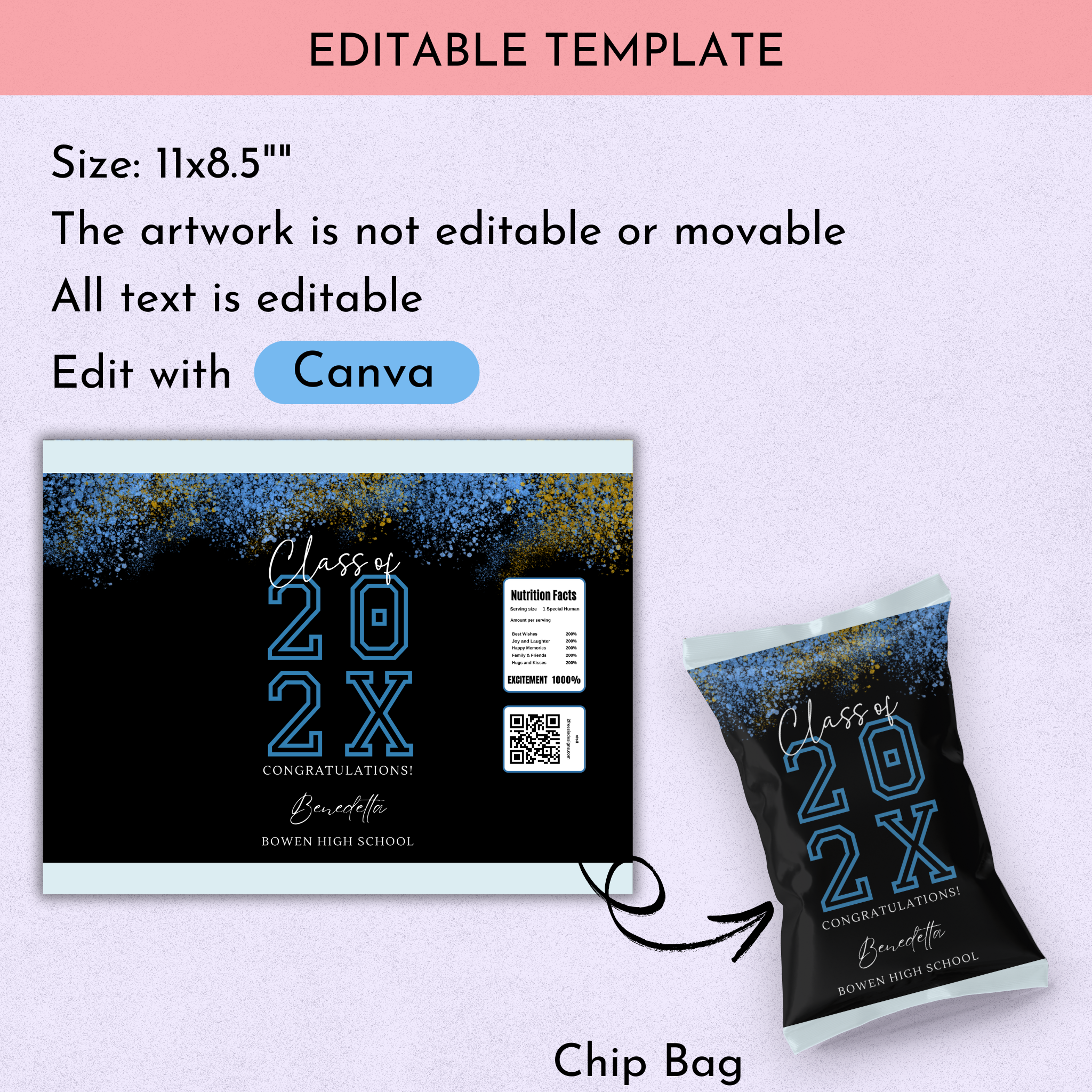 Blue and Black Graduation Chip Bag Template