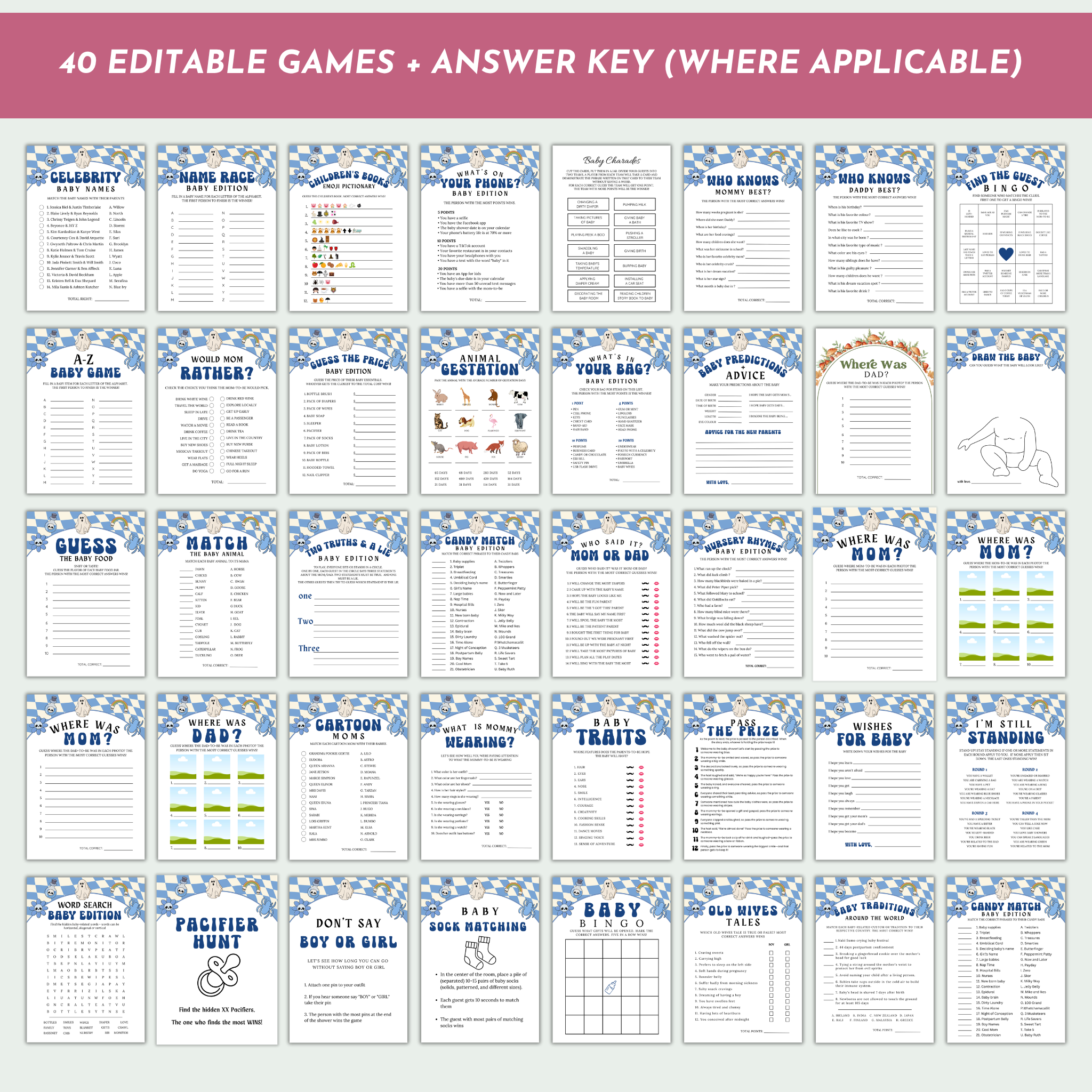 Halloween Baby Shower Games and Signage Bundle | Blue