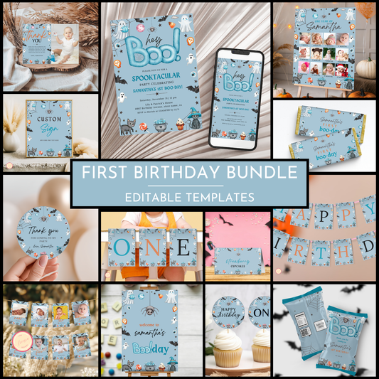 Halloween 1st Birthday Template Bundle - Hey Boo