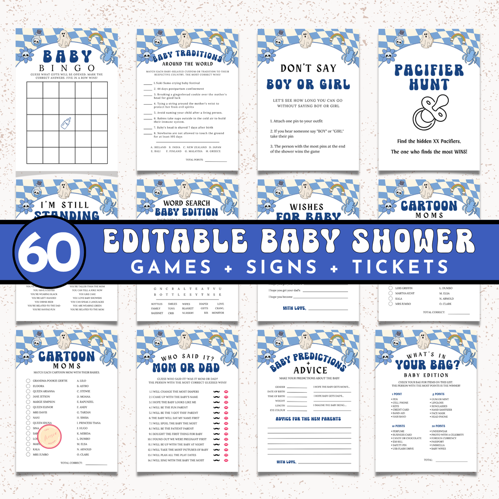 Halloween Baby Shower Games and Signage Bundle | Blue