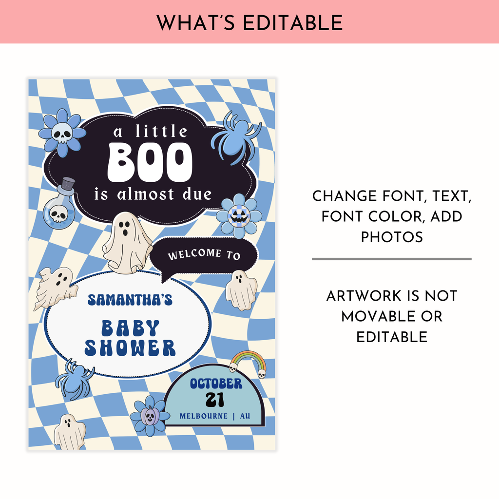 Retro Halloween Baby Shower Welcome Sign | Blue