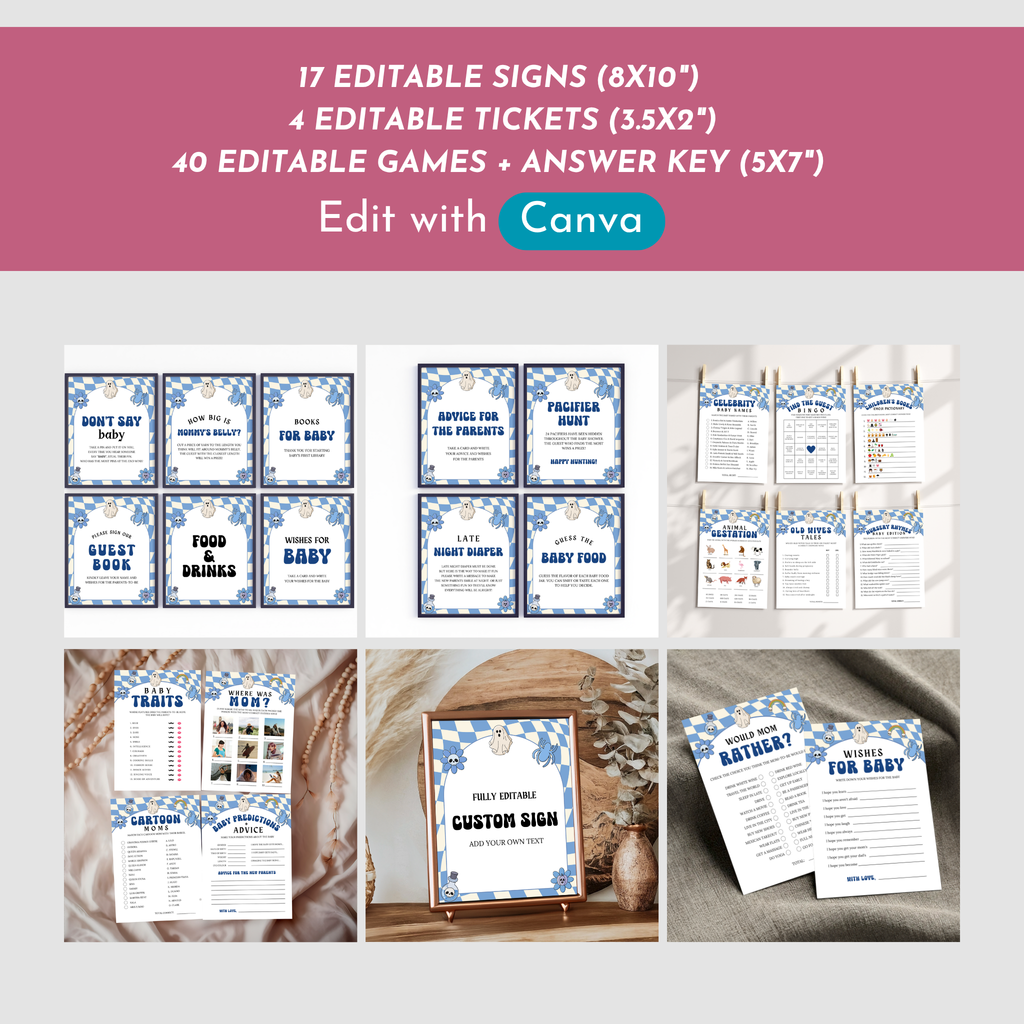 Halloween Baby Shower Games and Signage Bundle | Blue