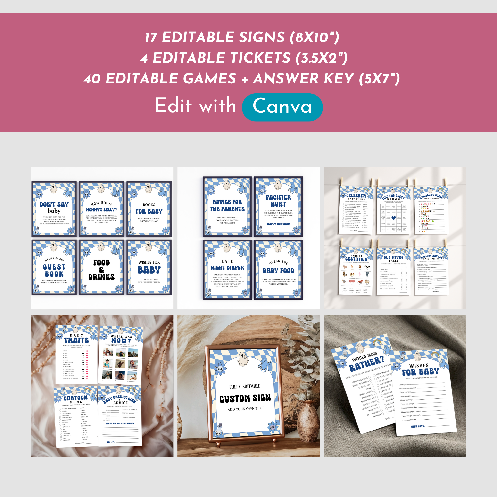 Halloween Baby Shower Games and Signage Bundle | Blue