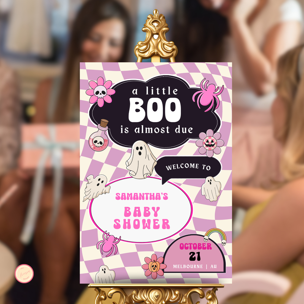 Retro Halloween Baby Shower Welcome Sign | Pink