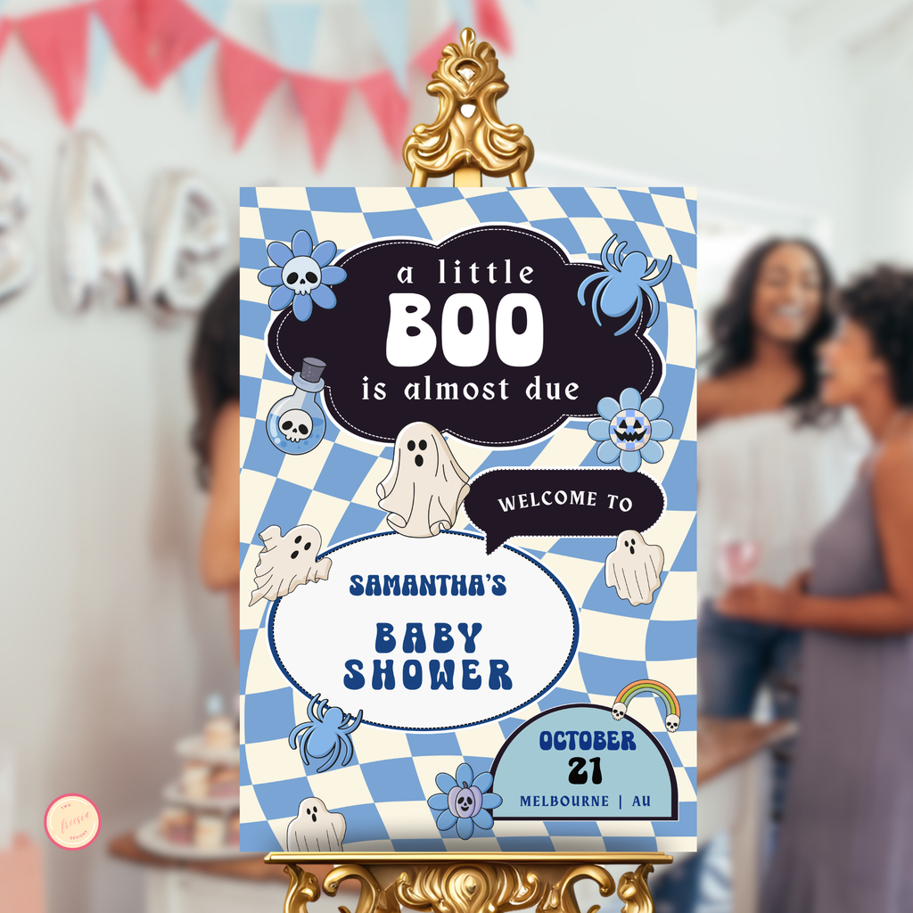Retro Halloween Baby Shower Welcome Sign | Blue