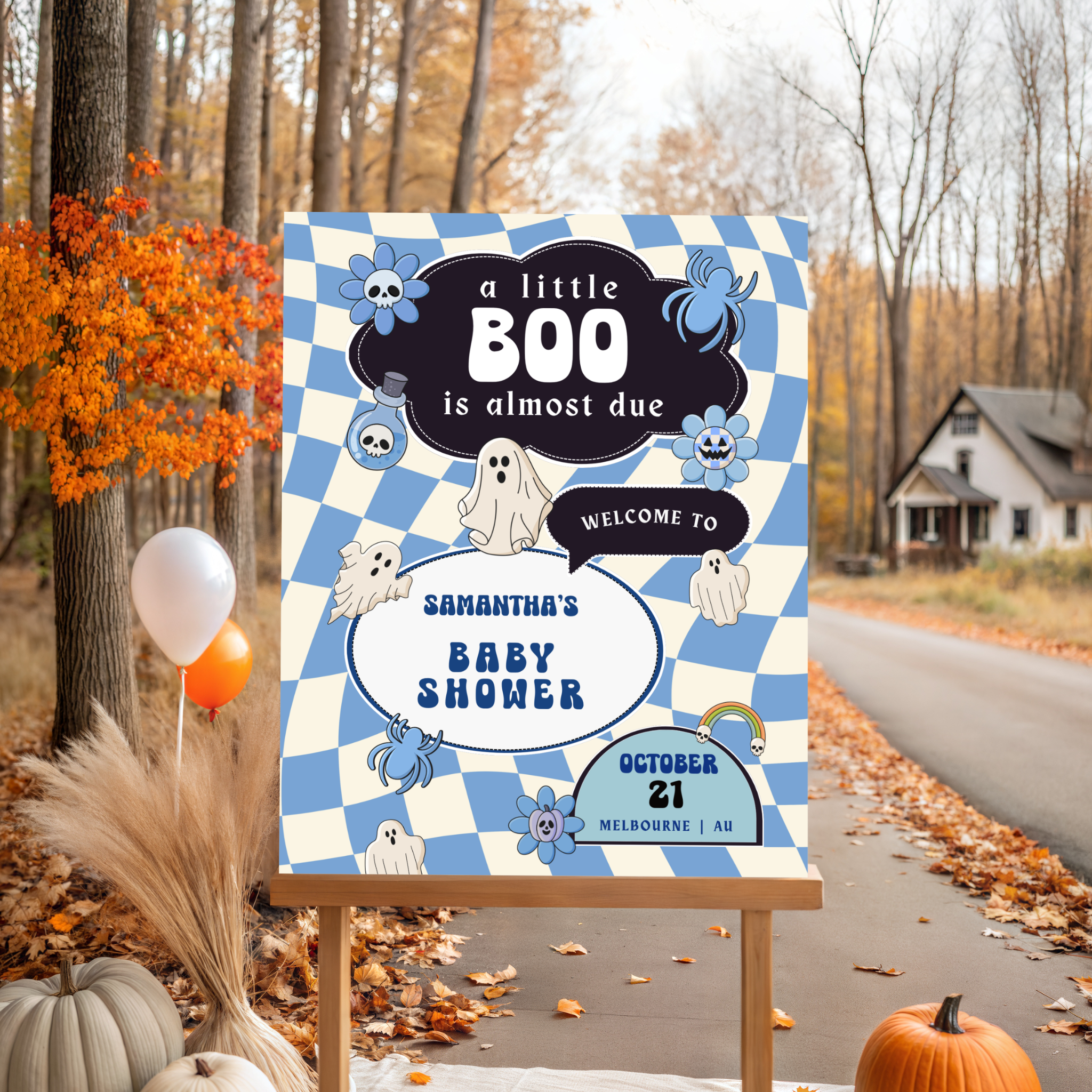 Retro Halloween Baby Shower Welcome Sign | Blue