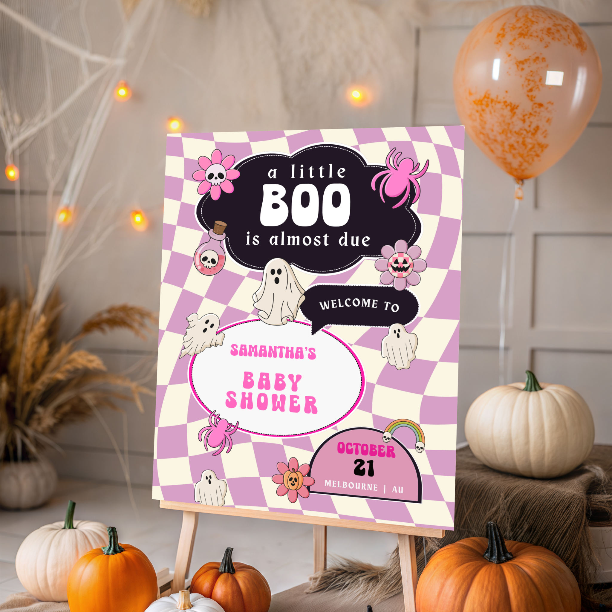 Retro Halloween Baby Shower Welcome Sign | Pink