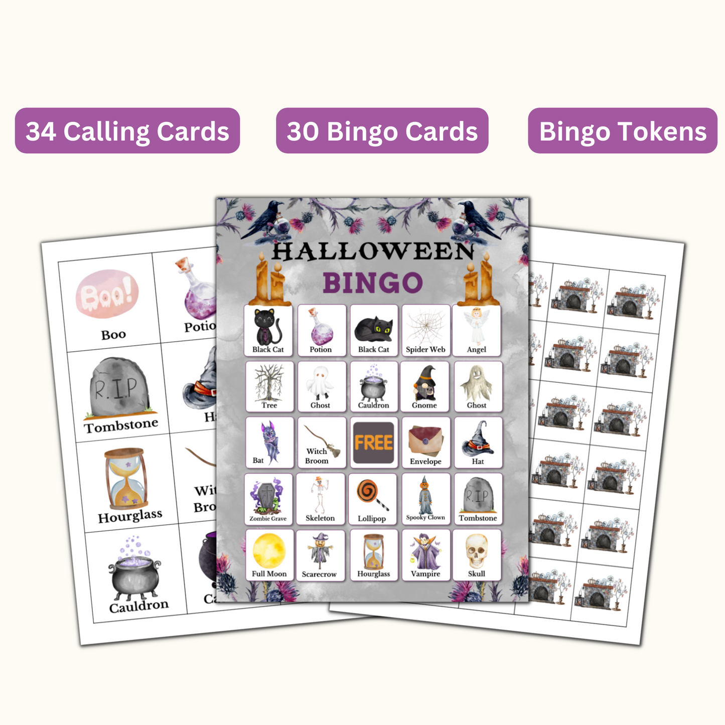 Halloween Bingo Game - 30 Unique Cards