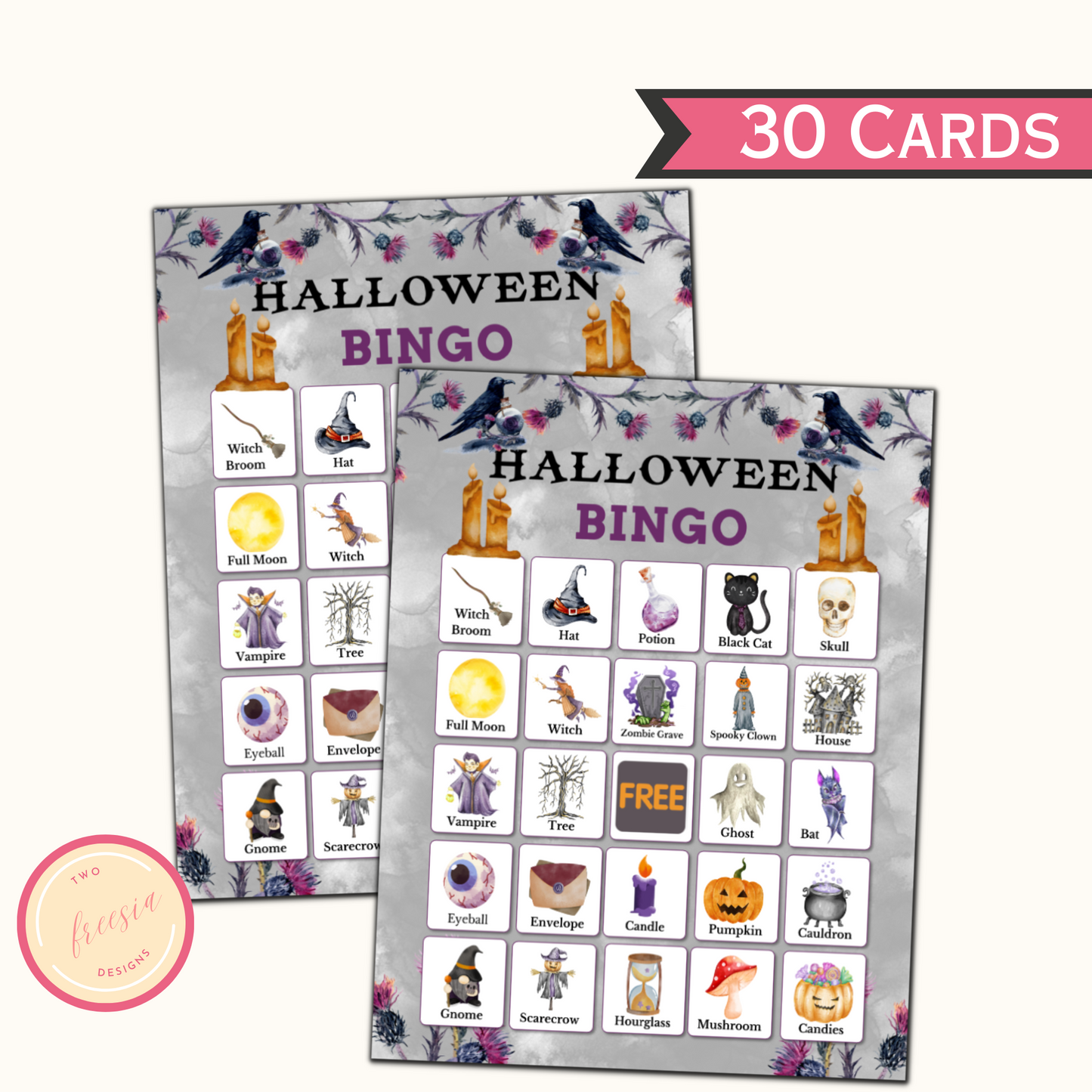 Halloween Bingo Game - 30 Unique Cards