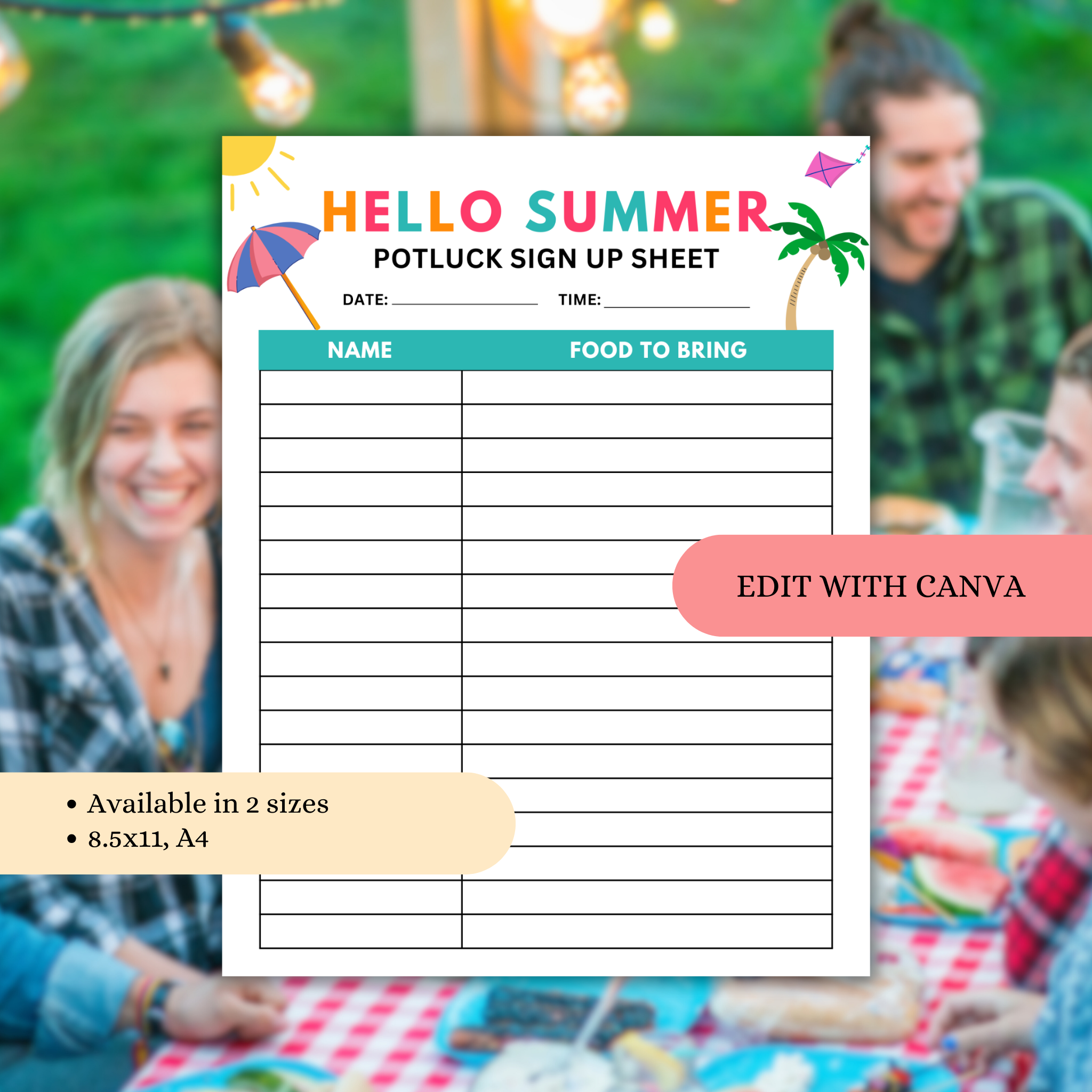 Summer Potluck Sign Up Sheet