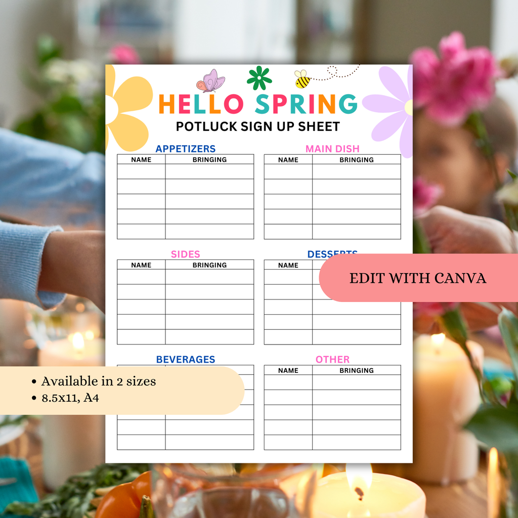 Spring Potluck Signage Hello Spring Potluck Sign Up Sheet | Editable Template – 2freesiadesigns