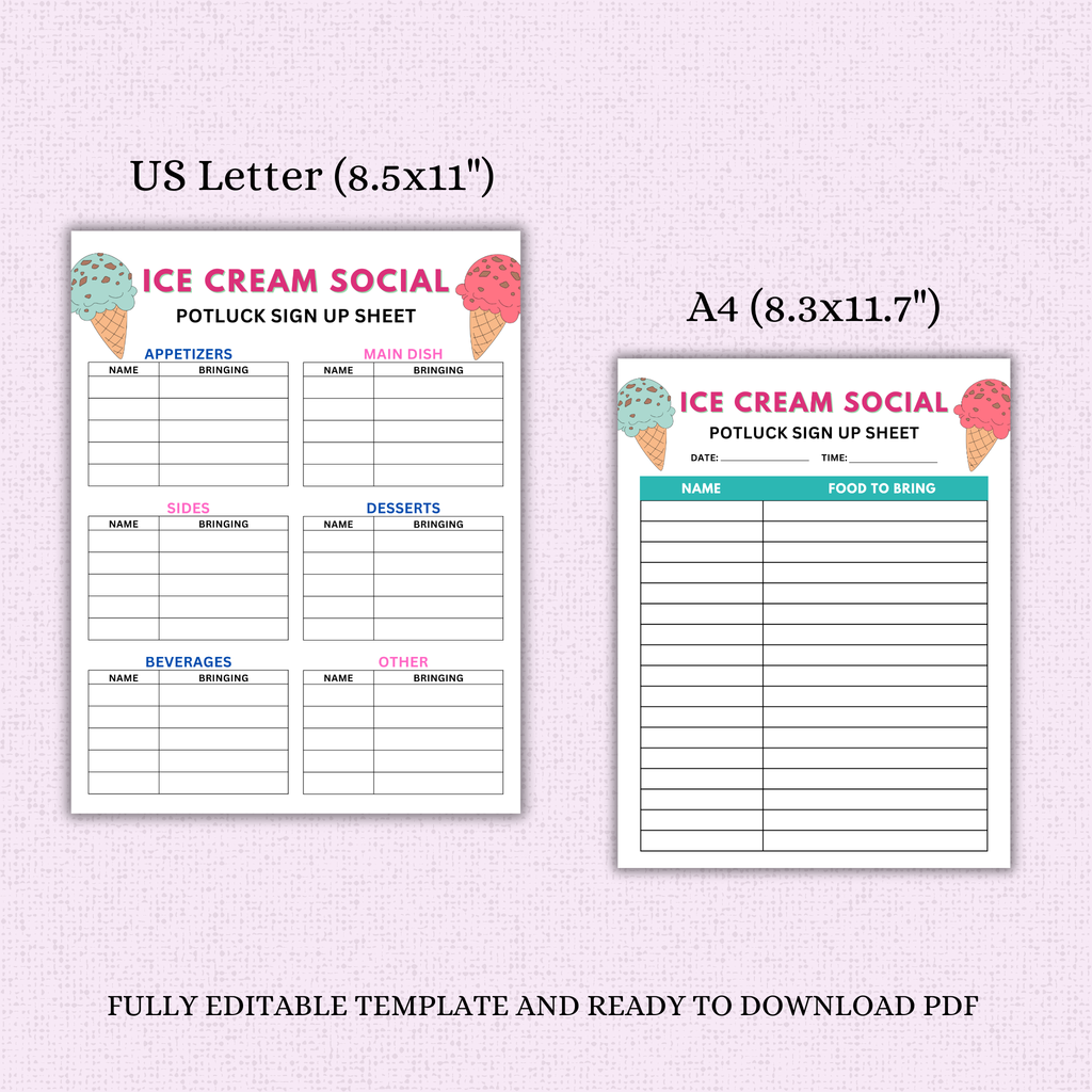 Ice Cream Social Potluck Sign Up Sheet