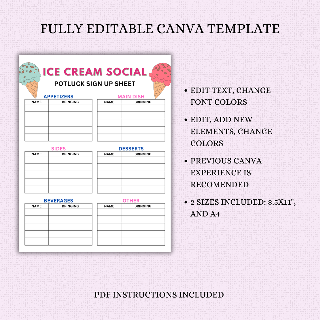 Ice Cream Social Potluck Sign Up Sheet