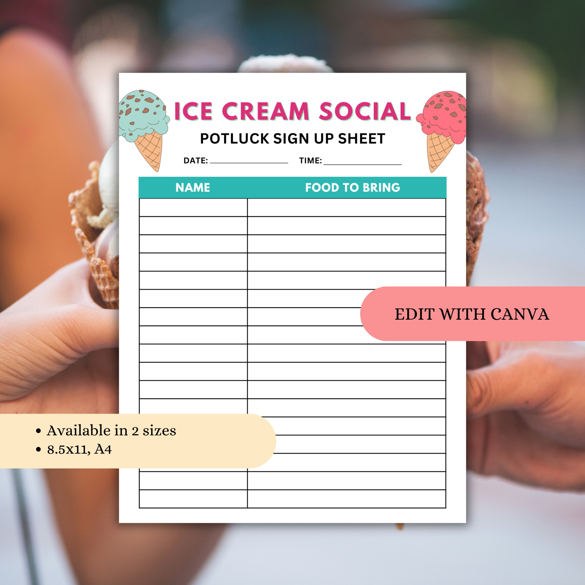 Ice Cream Social Potluck Sign Up Sheet