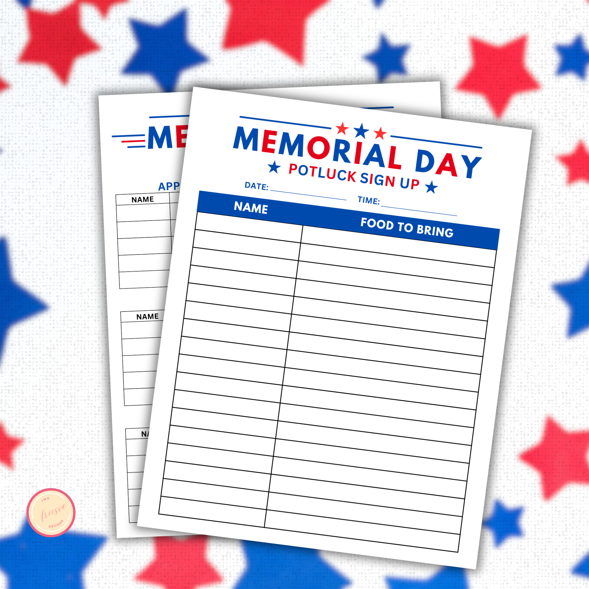 Memorial Day Potluck Sign Up Sheet Template