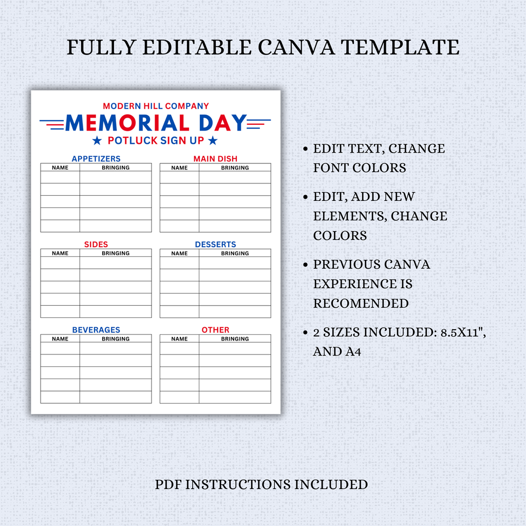 Memorial Day Potluck Sign Up Sheet Template